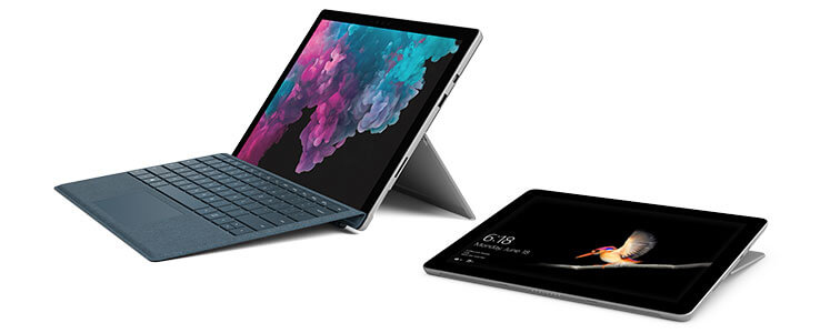 Die Leistungsfähigkeit eines Laptops, die Mobilität eines Tablets und ein atemberaubender Touchscreen: die Microsoft Tablets Surface Go und Surface Pro.